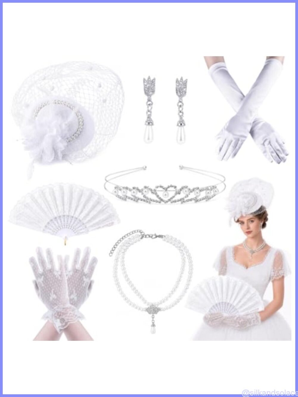 7 Pc Fascinator Hat Set Lace Gloves Fan Pearl Jewelry Tea Party
